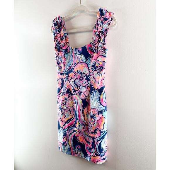 Lilly Pulitzer Devina Floral Ruffle Strap Stretch Mini Sheath Dress Navy Pink 00 - Picture 9 of 10
